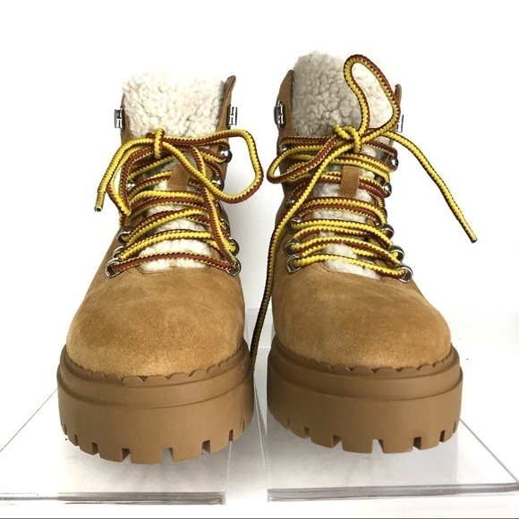 Marc Fisher Nairy Lace-Up Combat Leather Suede Shearling Lug Sole Boots Sz 8 - Picture 2 of 9